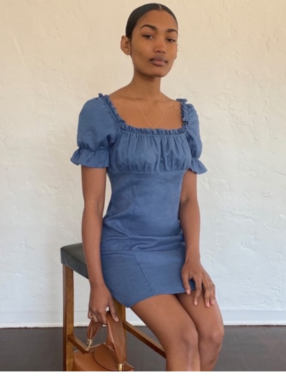 NWT Reformation Robles Linen Mini Puff Sleeve Dress Azul Sz 8 $198 - Picture 10 of 11